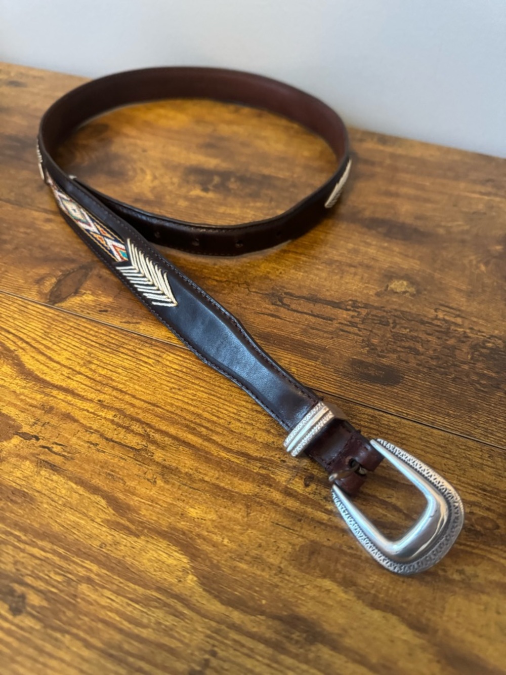 Woolrich Southwestern Leather Belt XL‎ Brown Italian Full Grain Western Inlay
